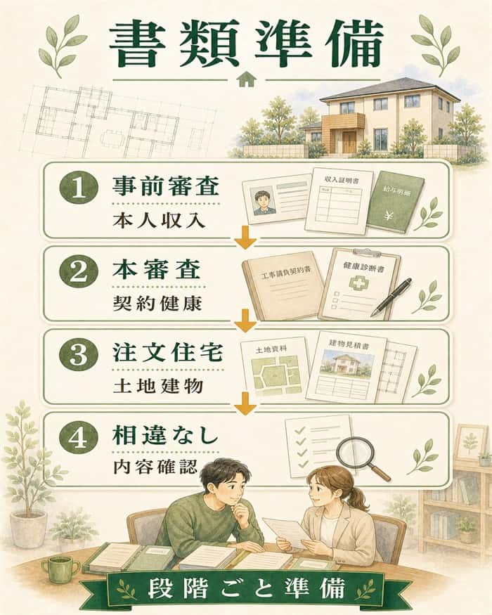 住宅ローン審査の必要書類を段階別に示す図解