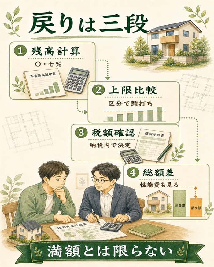 住宅ローン控除の還付額が決まる順番を示す流れ図