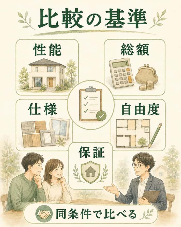 比較基準を性能、総額、仕様、自由度、保証で整理した図。