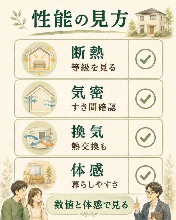 断熱、気密、換気、体感を合わせて住宅性能を見る図。