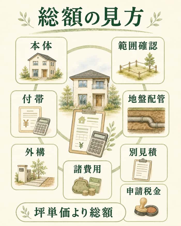 本体、付帯、外構、諸費用を総額で確認する図。