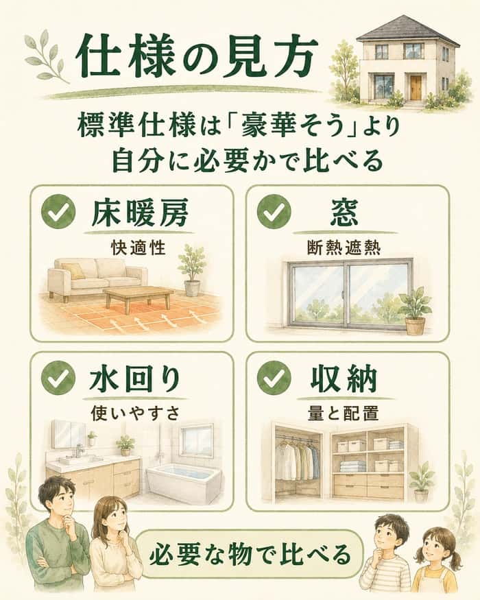 床暖房、窓、水回り、収納を必要性で比べる図。