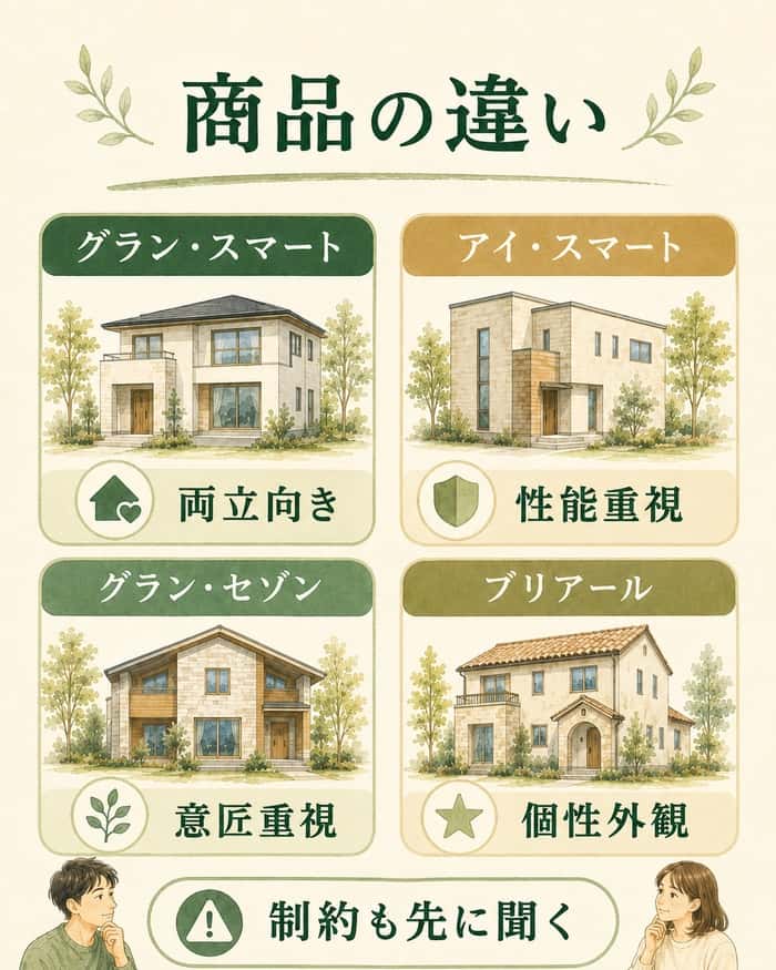 一条工務店の商品ごとの特徴と制約確認を示す図。