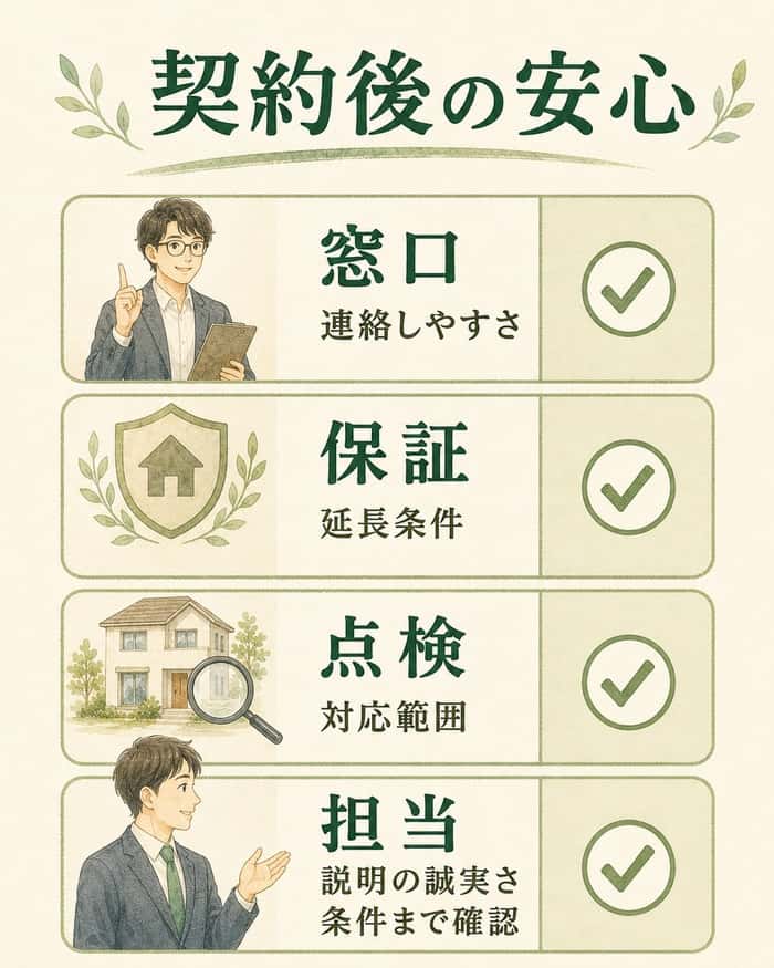 保証、点検、担当者対応など契約後の安心を確認する図。