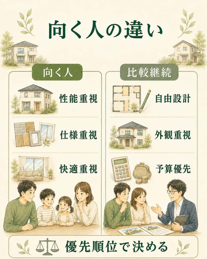 一条工務店が向く人と比較継続が合う人を分けた図。