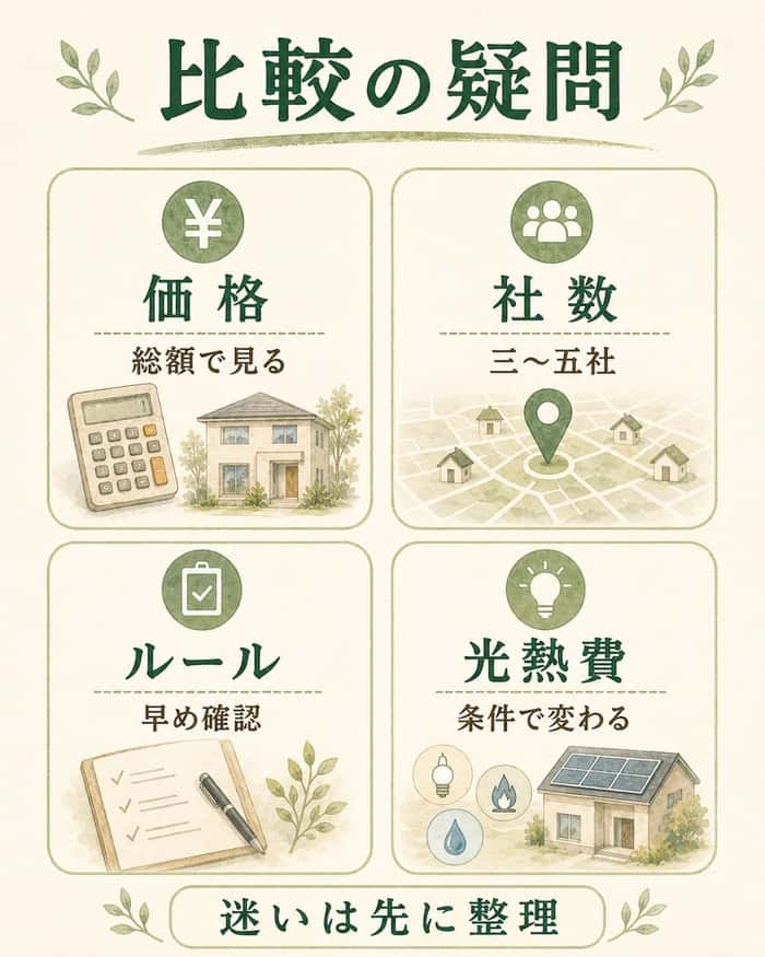 価格、社数、ルール、光熱費の比較前の疑問を整理する図。
