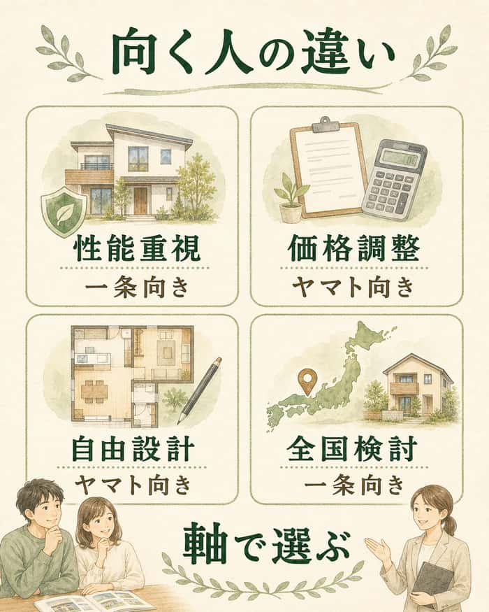 一条工務店とヤマト住建の向く人を、性能や価格などの軸で整理した図