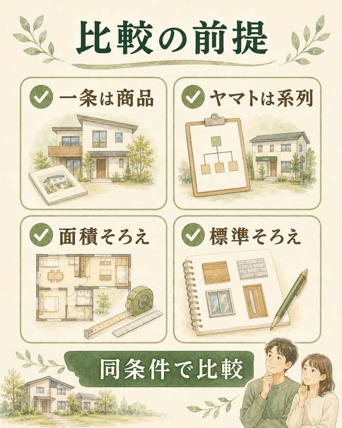 グラン・スマートとエネージュの比較前提を同条件でそろえる図