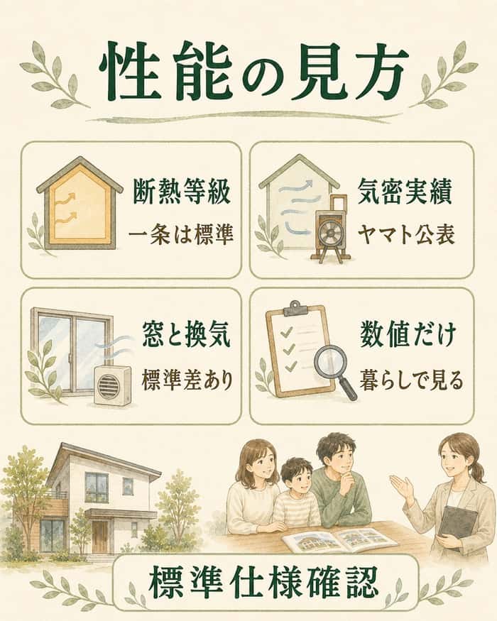 断熱等級や気密実績など性能比較で見るべき点を整理した図