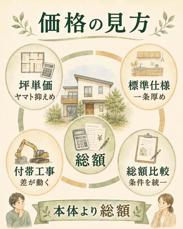 坪単価だけでなく総額と内訳で価格を比較する考え方の図