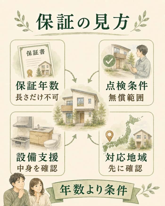 保証年数だけでなく点検条件や対応地域を見るポイントの図