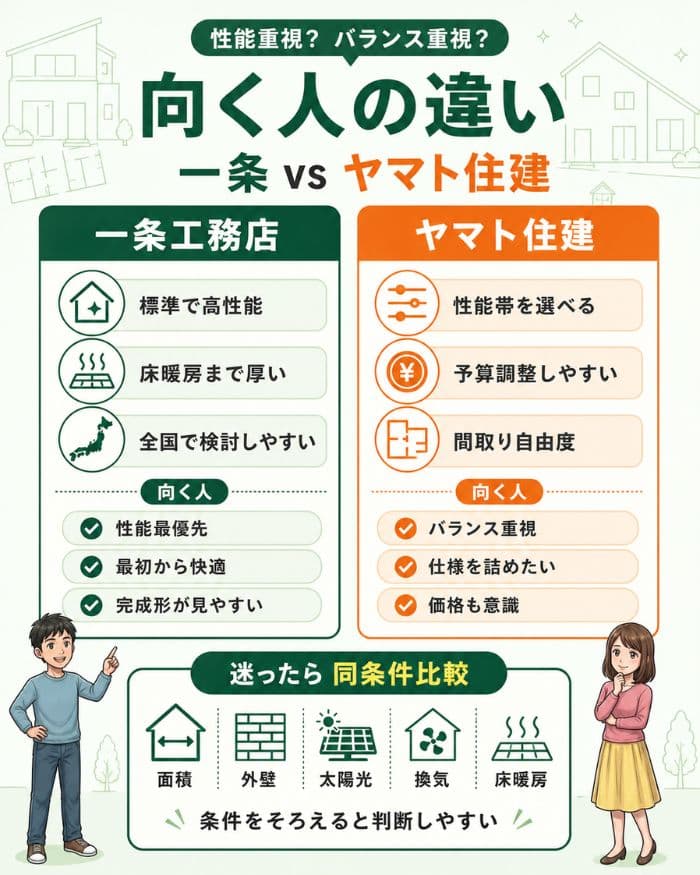 一条工務店とヤマト住建の向く人を比較する図解