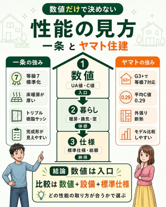 一条工務店とヤマト住建の性能比較の見方を解説