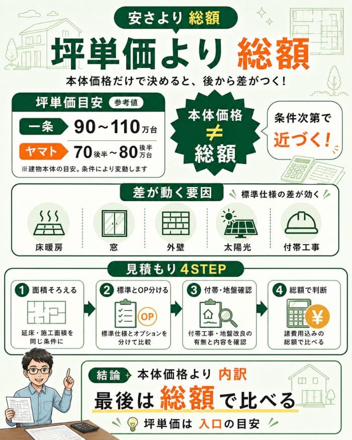 坪単価より総額で住宅価格を比べるポイント図解