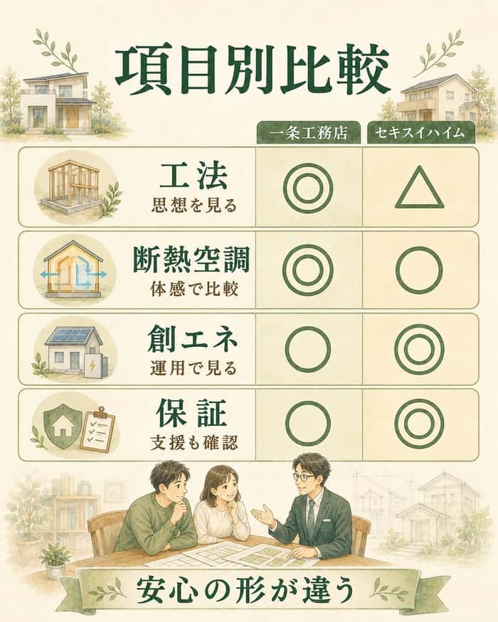 工法や断熱空調など項目別に違いを見る図
