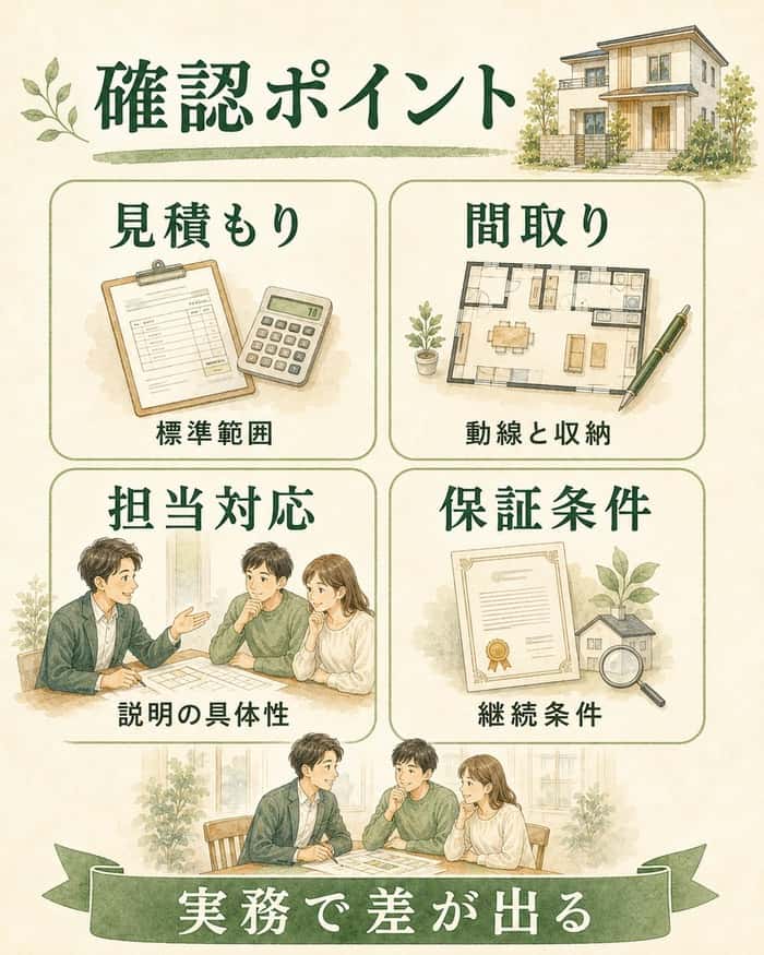 見積もりや間取りなど実務確認点を示す図