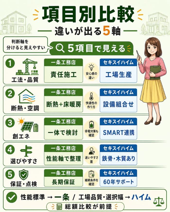 一条工務店とセキスイハイムを5項目で比較