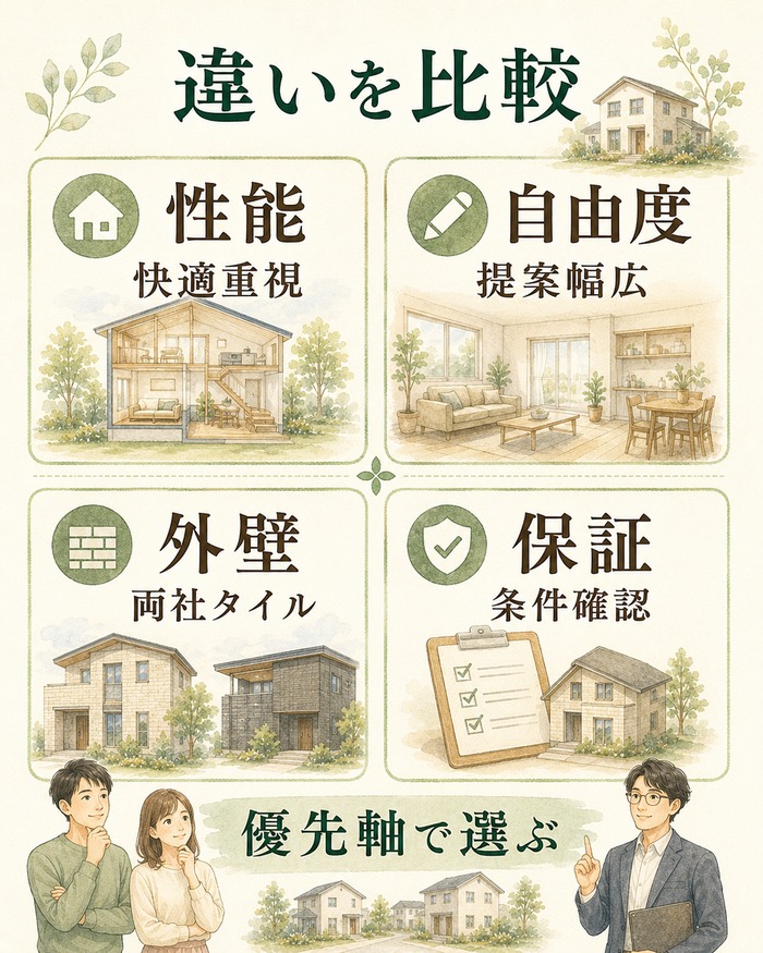 一条工務店とクレバリーホームの違いを性能、自由度、外壁、保証で比較した図。