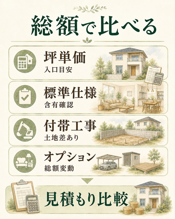 坪単価だけでなく標準仕様、付帯工事、オプションを含め総額で比べる図。