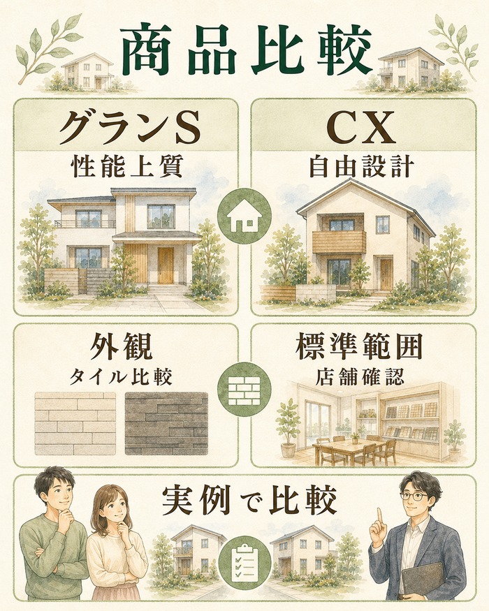 グラン・セゾンとCXシリーズを性能、自由設計、外観、標準範囲で比較した図。
