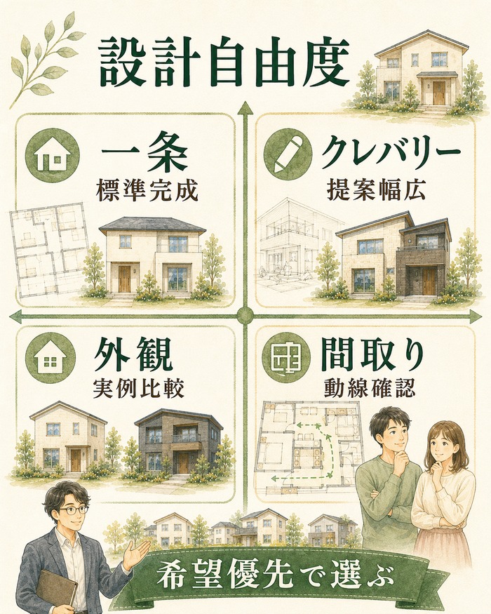 一条の標準完成度とクレバリーの提案幅を設計自由度で比較する図。