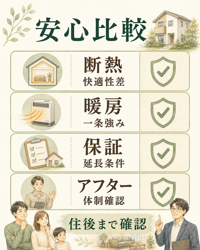 断熱、暖房、保証、アフターから住後の安心を比較する図。