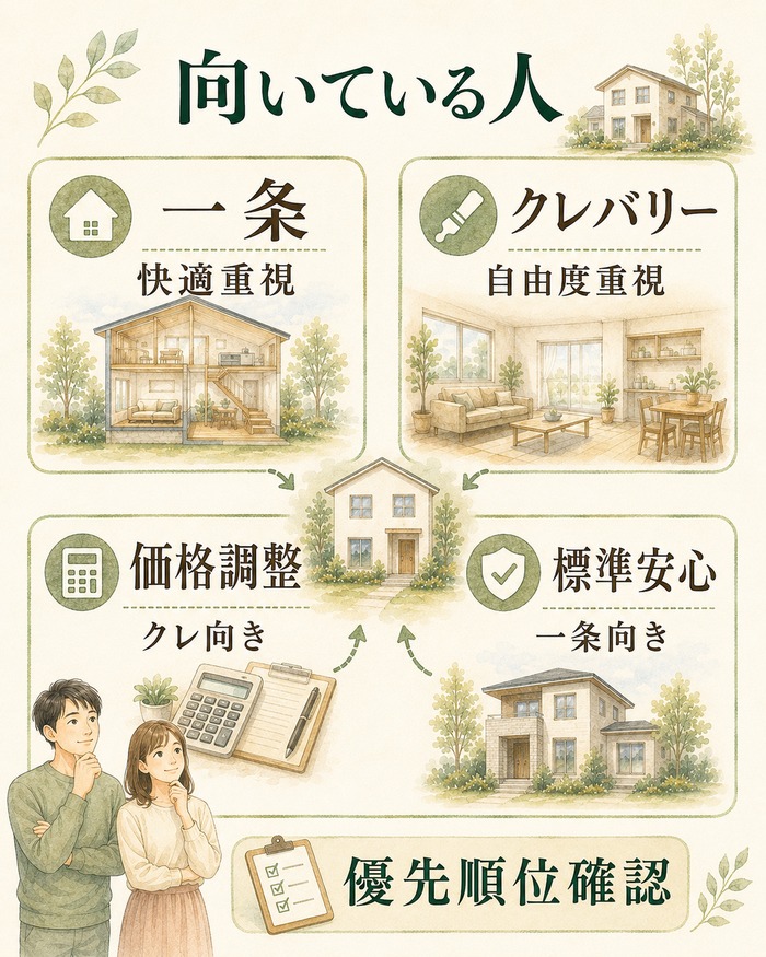 快適重視なら一条、自由度や価格調整ならクレバリーなど向き不向きを整理した図。