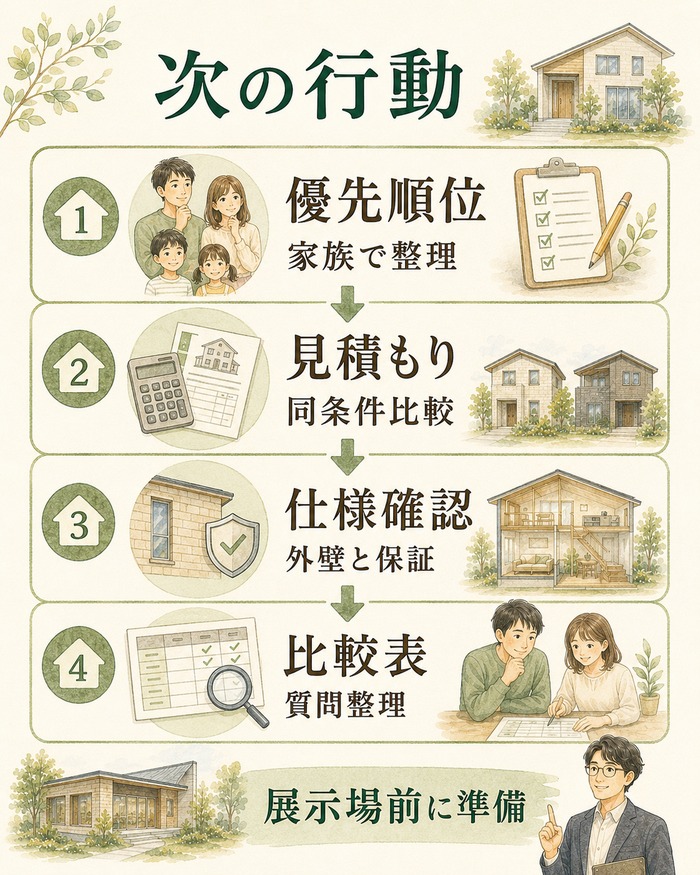 契約前に優先順位、見積もり、仕様、比較表を準備する流れを示した図。