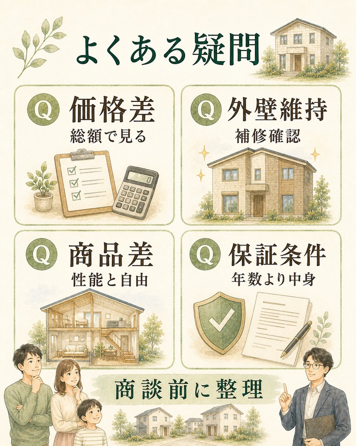 価格差、外壁維持、商品差、保証条件の疑問を商談前に整理する図。
