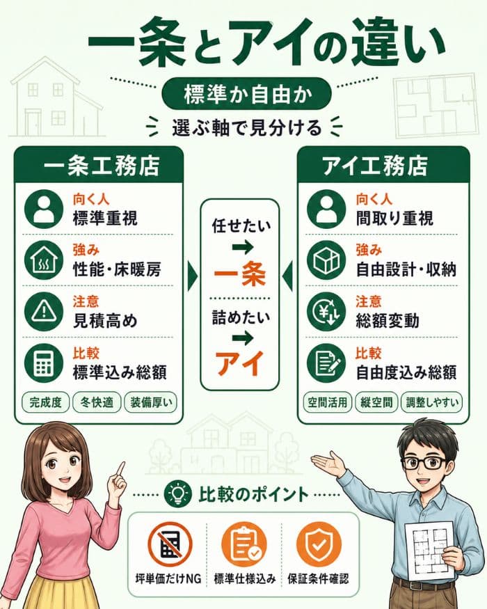 一条工務店とアイ工務店の違いを比較した図解