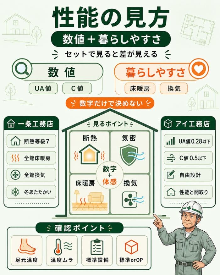 性能を数値と暮らしやすさで見る比較図解