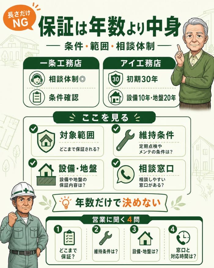 保証年数より条件と相談体制を見る比較図