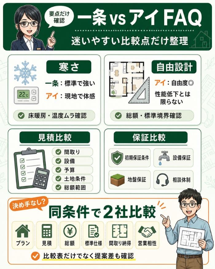一条工務店とアイ工務店のFAQ比較を整理した図解