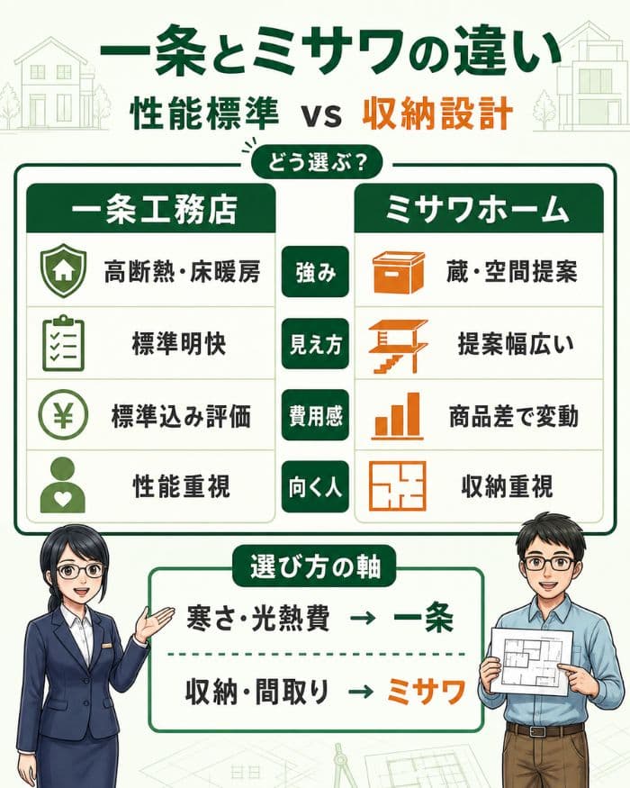 一条工務店とミサワホームの違いを性能と収納で比較