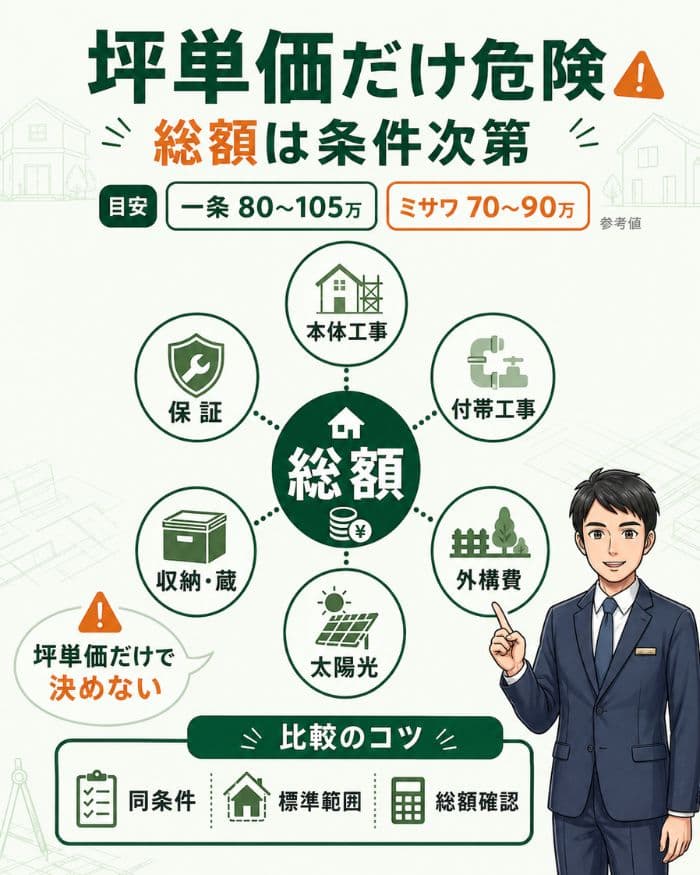 坪単価だけでなく総額条件を確認する費用比較図