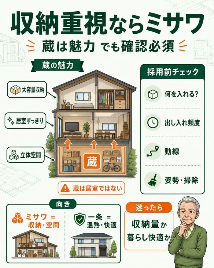 ミサワホームの蔵収納と採用前チェックの図解