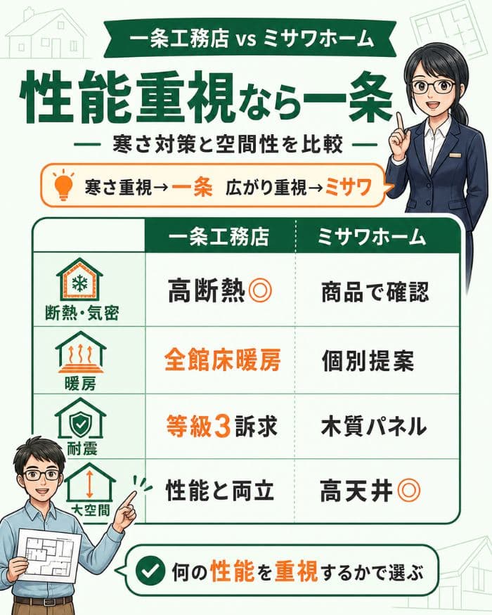 一条工務店とミサワホームの住宅性能比較インフォグラフィック