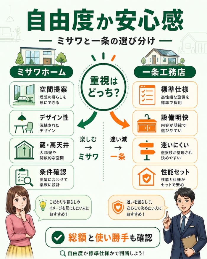 ミサワホームの自由度と一条工務店の安心感を比較した図解