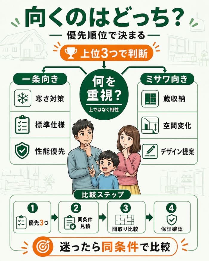 一条工務店とミサワホームの向き不向きを優先順位で判断する図解