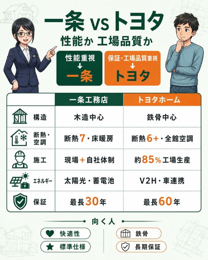 一条工務店とトヨタホームの強みを比較した図解