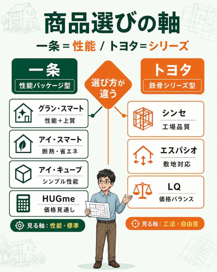 一条とトヨタの商品選びの違いを整理した図解