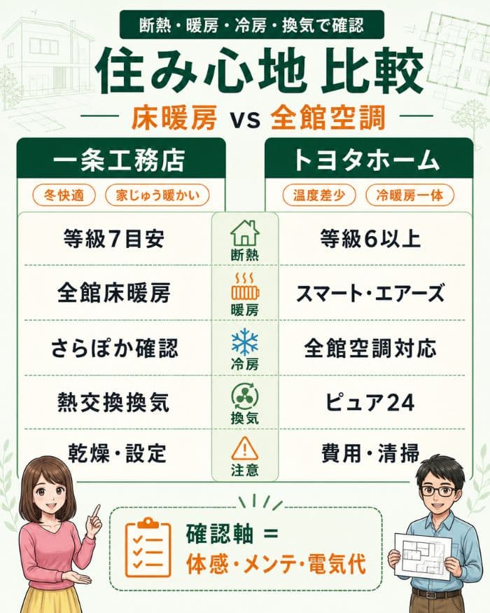 一条工務店とトヨタホームの断熱・空調比較図