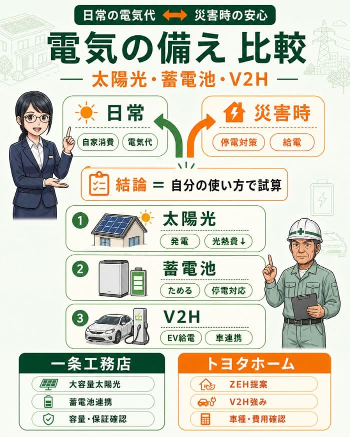 太陽光・蓄電池・V2Hの備え方比較図