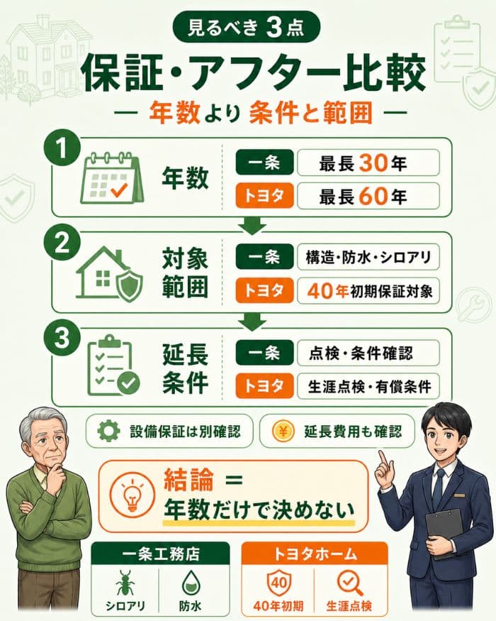 一条工務店とトヨタホームの保証条件比較図