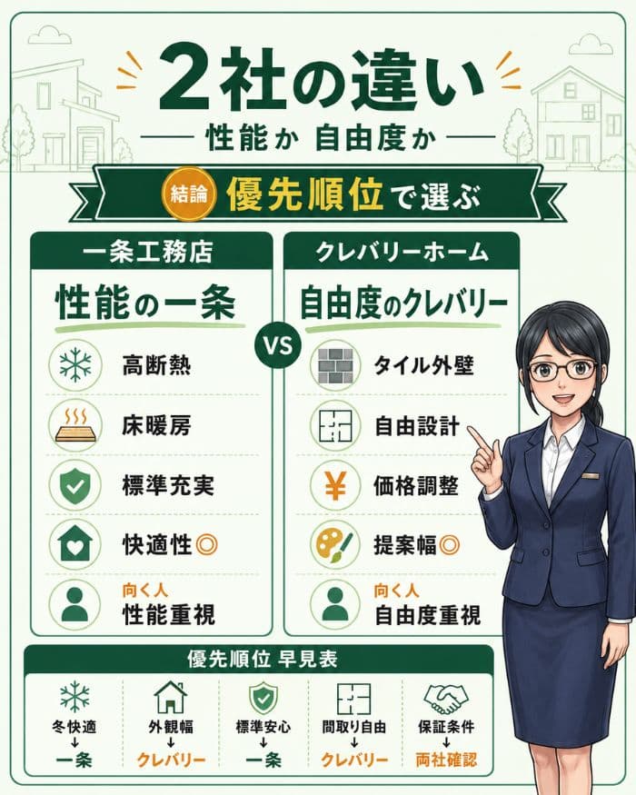 一条工務店とクレバリーホームの違いを比較する図解