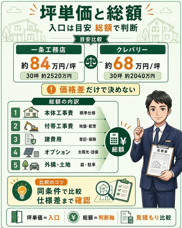坪単価と総額の違いを住宅費用で比較する図解