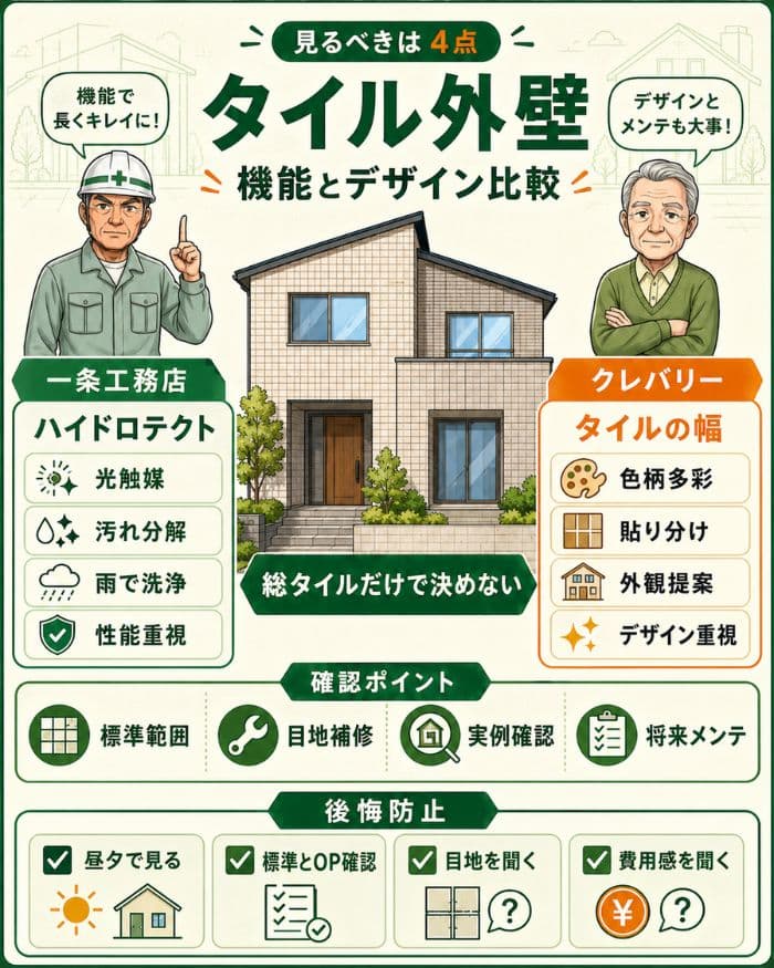 タイル外壁の機能とデザインの違いを比較する図解