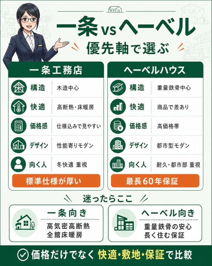 一条工務店とヘーベルハウスを優先軸で比較する図解