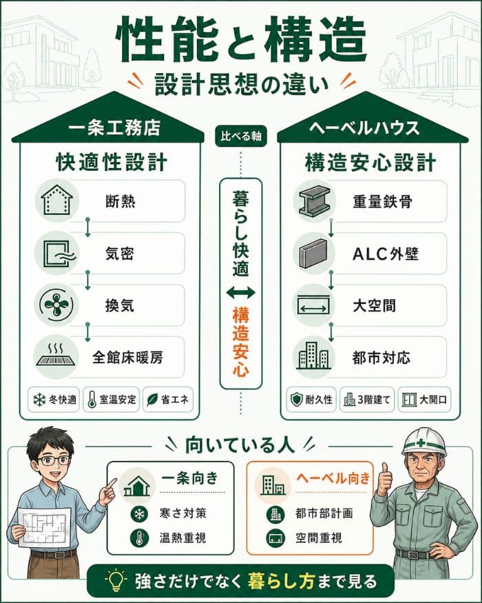性能重視と構造重視の設計思想を比較する図解