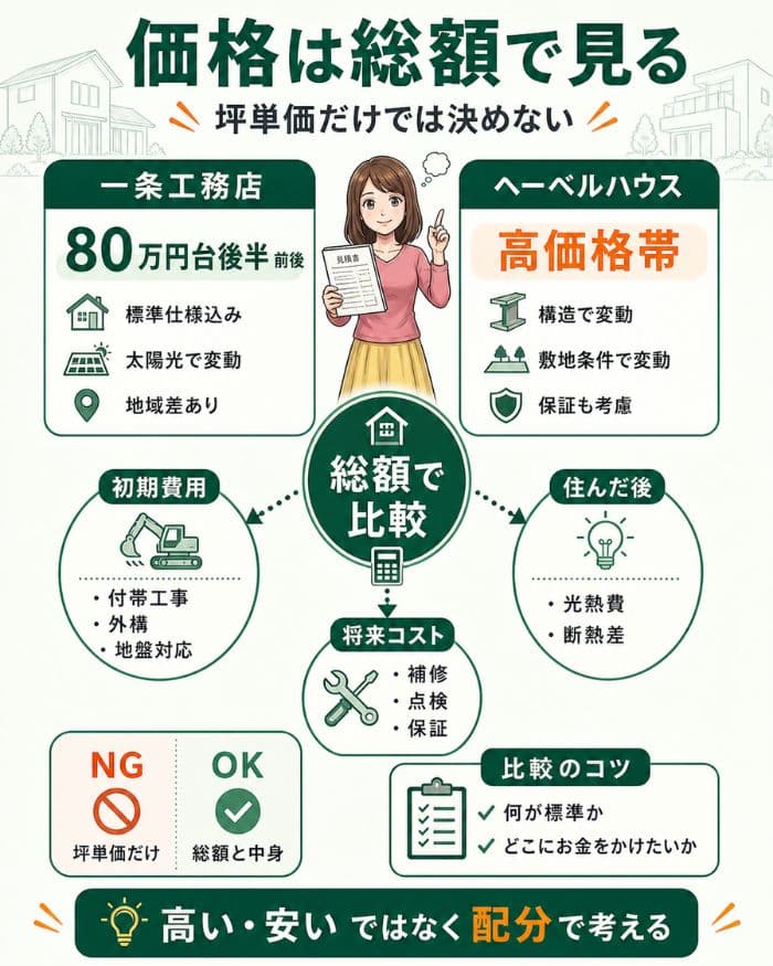 坪単価ではなく総額で住宅価格を比較する図解